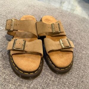 NEW Dr. Martens Suede Double-Buckle Slides in Tan